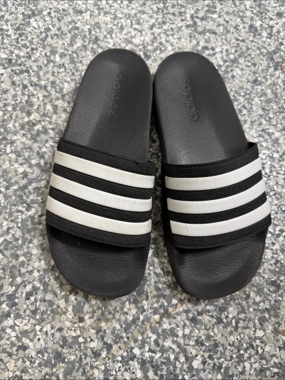 adidas Black Slides with White Three-Stripes- Boys Size 4